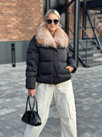 Пуховик зимний черный с мехом лисы «огневки» 60см