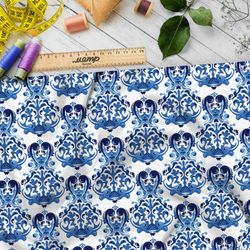 Ткань дюспо отзеркаленные элементы гжели на белом фоне