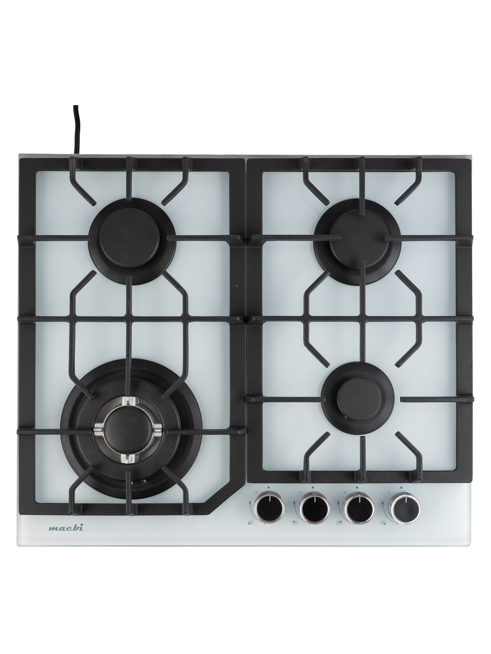 Газовая варочная панель шириной 60 см, Macbi MBH64WFGI.V2-WH с Wok-конфоркой, Белое закаленное стекло, Электроподжиг, Газ-контроль, Решетки из чугуна