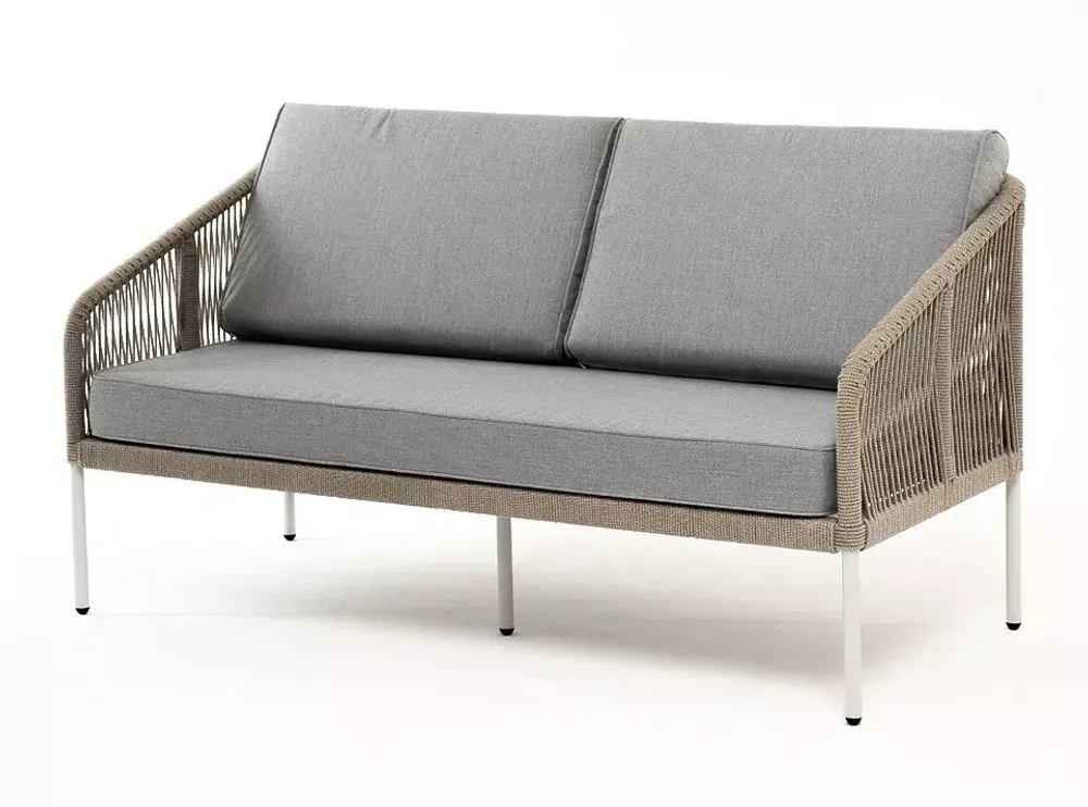 "Канны" диван 2-местный плетеный из роупа, каркас алюминий светло-серый (RAL7035) шагрень, роуп серый меланж круглый, ткань серая 017