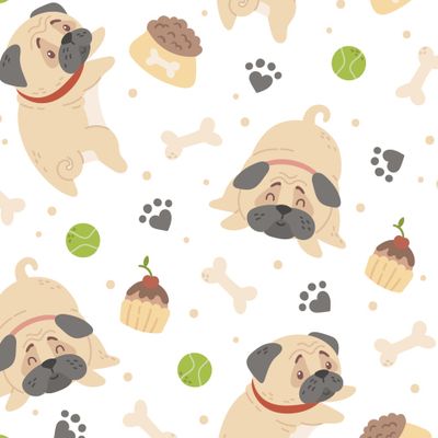 Веселые мопсы на белом фоне