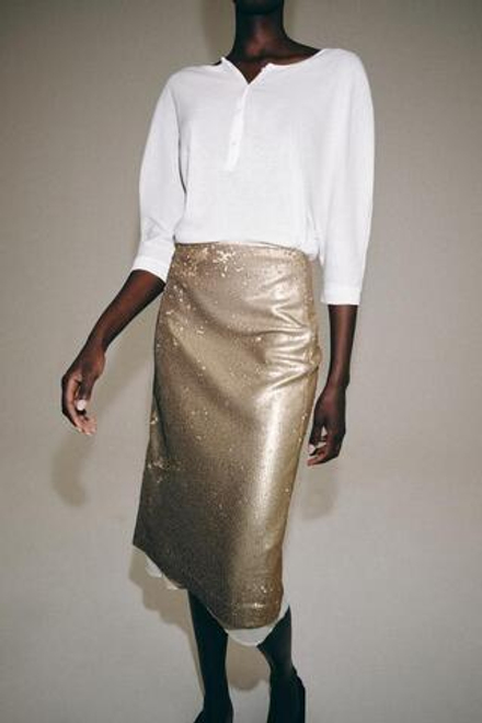 ZARA ЮБКА МИДИ С ПАЙЕТКАМИ — ZW COLLECTION, БЕЖЕВЫЙ