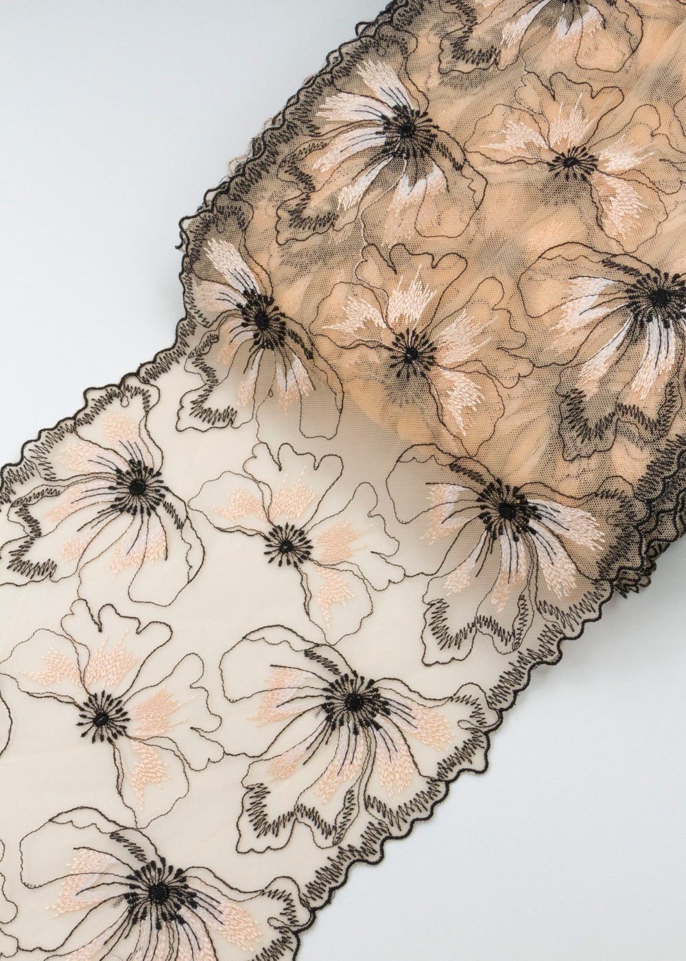 Вышивка на сетке бежевая с розовинкой с черным неэластичная ширина 24 см