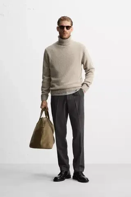 ZARA ШЕРСТЯНЫЕ БРЮКИ С РЕЛЬЕФНЫМ УЗОРОМ, МЯГКИЙ СЕРЫЙ
