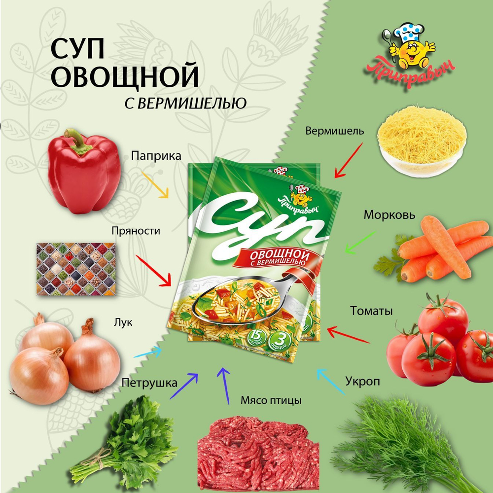 Суп быстрого приготовления Овощной с вермишелью Приправыч 60гр. 14 шт. 42 порции