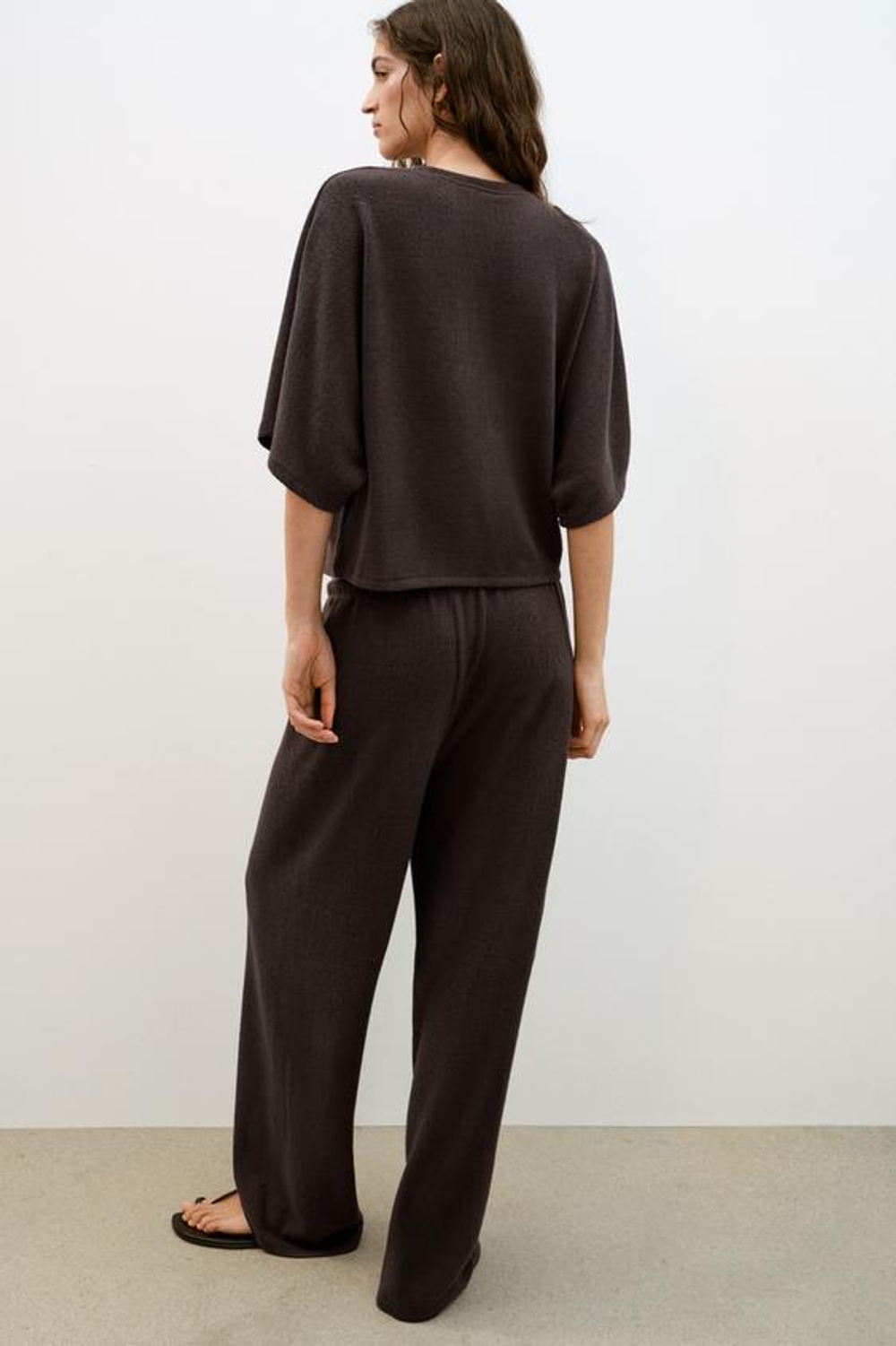 ZARA БРЮКИ WIDE LEG ИЗ ТКАНИ В ДЕРЕВЕНСКОМ СТИЛЕ, ТЕМНО-КОРИЧНЕВЫЙ