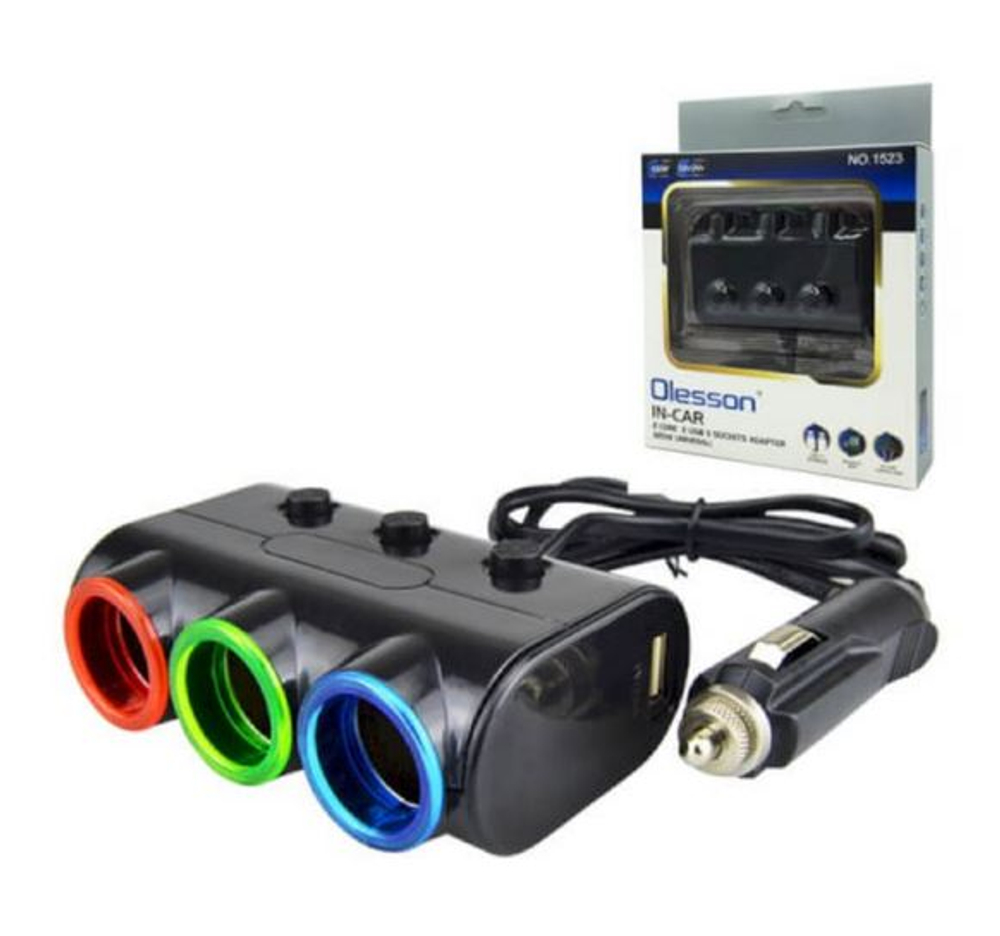 Разветвитель прикуривателя 3гнезда + 2USB+ провод,подсветка Olesson NO 1523