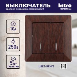 Выключатель Intro Solo 4-105-10 двухклавишный с подсветкой, 10А-250В, IP20, СУ, венге