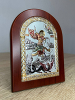 Георгий Победоносец, икона арочная, красное дерево, эмаль 105х140