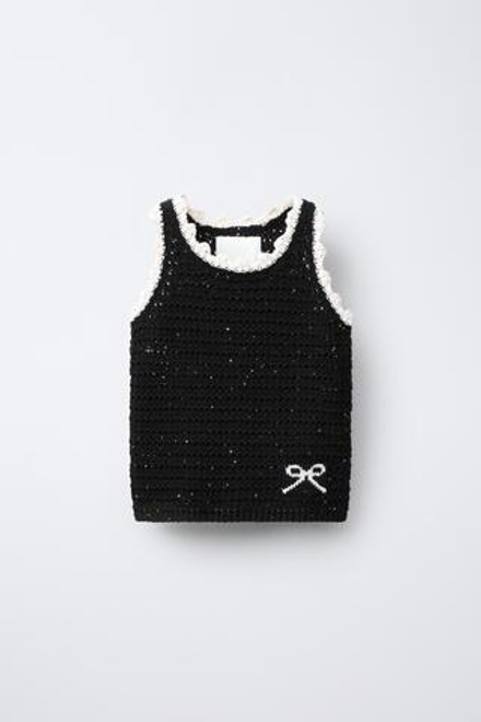 ZARA ТРИКОТАЖНЫЙ ТОП С ПАЙЕТКАМИ, ЧЕРНЫЙ