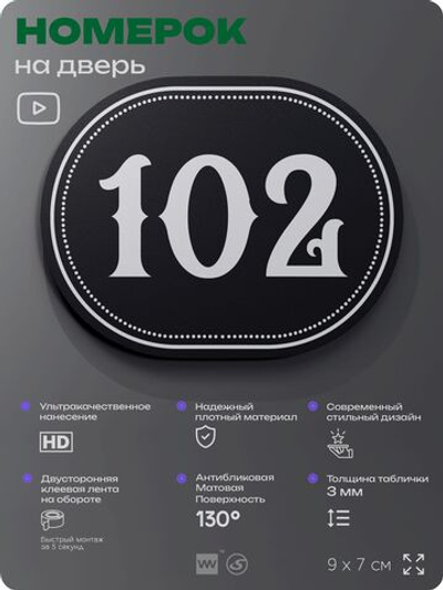 Номерок на дверь квартиры 102, для кабинета, офиса, шильдик 9 х 7 см, черный, Айдентика Технолоджи