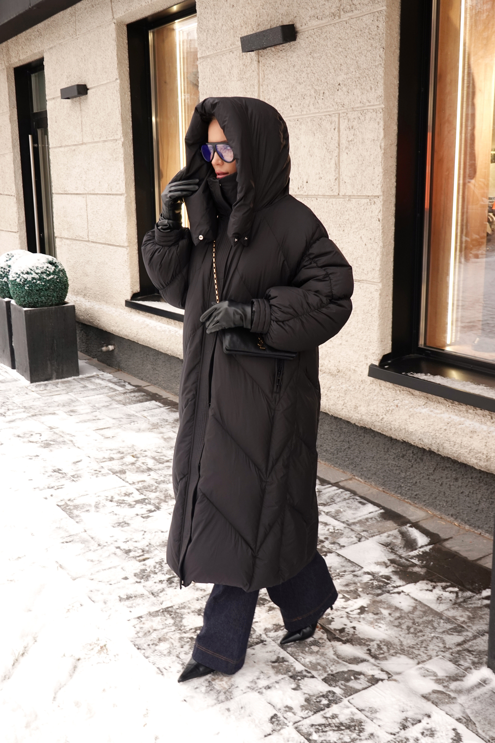 Пуховик А-силуэта в длине макси