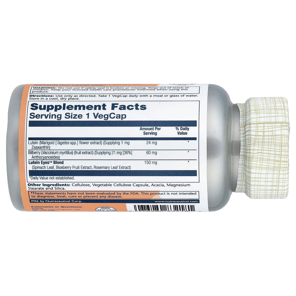 Solaray, Advanced Lutein Eyes 24, улучшенная формула с лютеином для здоровья глаз, с черникой и голубикой, 60 капсул VegCaps