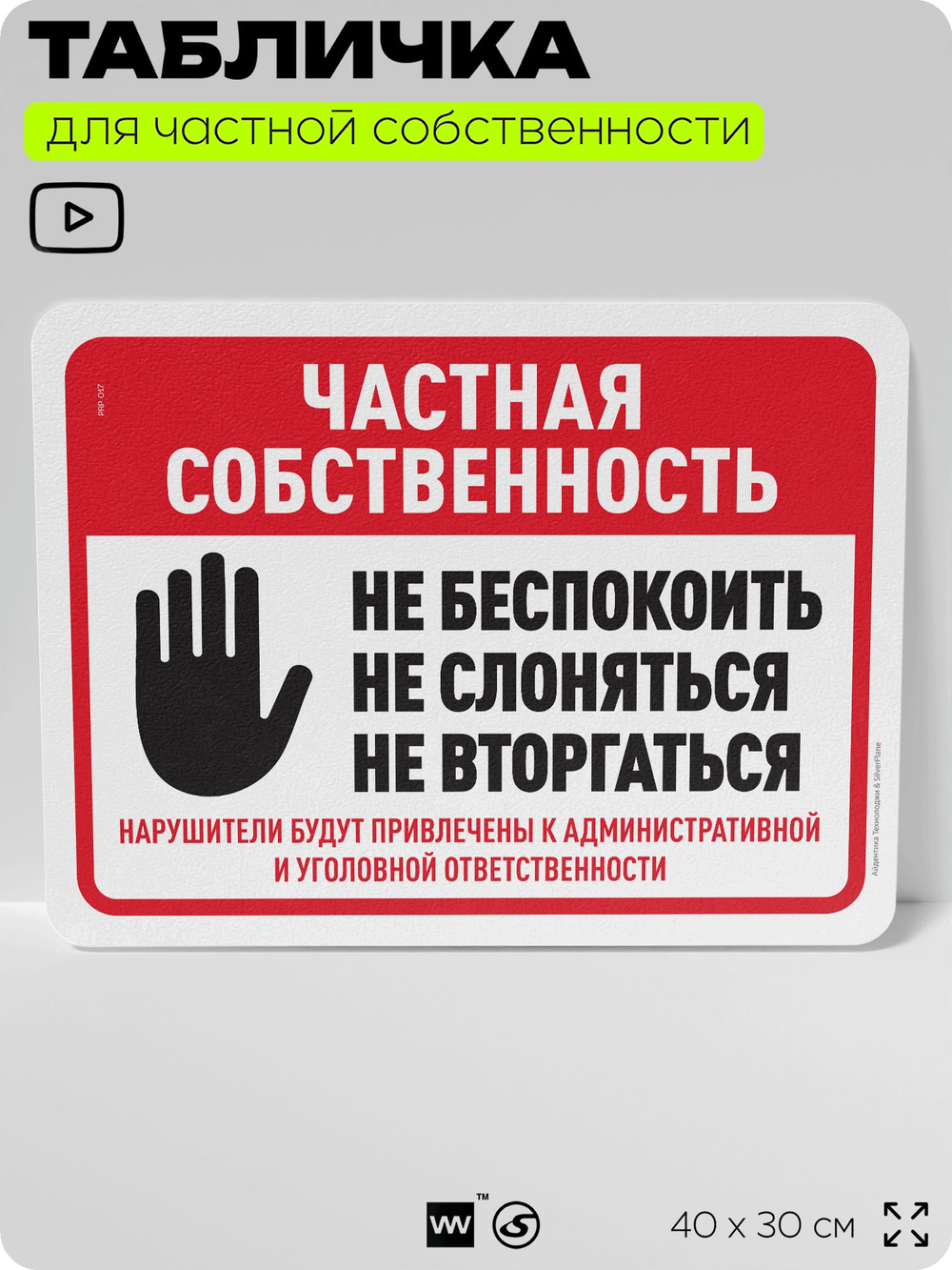 Табличка для частной территории "Частная собственность", на дом, для участка, организаций, предупреждающая, 40х30 см, Silver Plane x Айдентика Технолоджи