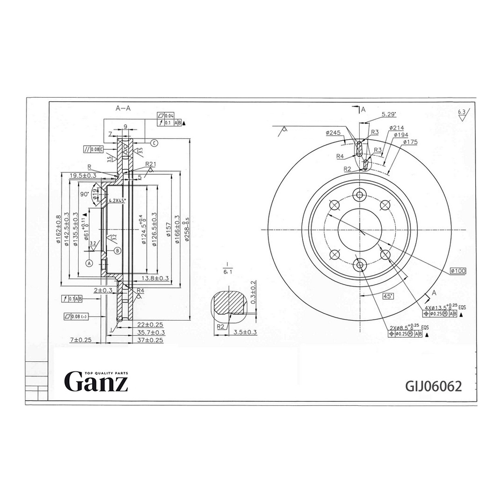 Диск тормозной GANZ передний с покрытием RENAULT Logan II 2013 / Vent D=258mm Арт.: GIJ06062