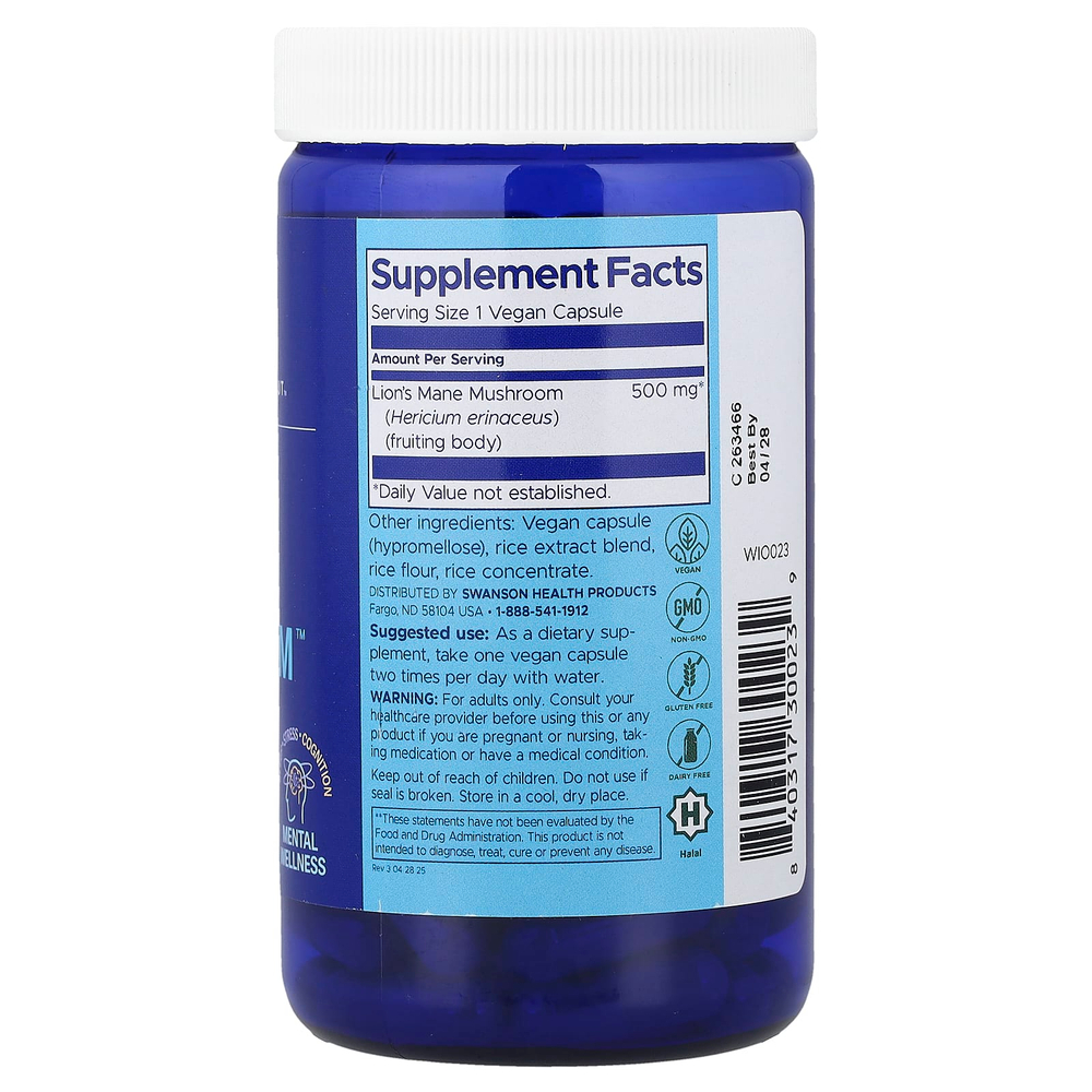 Swanson WIO, Peace of Mind Mushroom™, 30 капсул (500 мг в 1 капсуле)