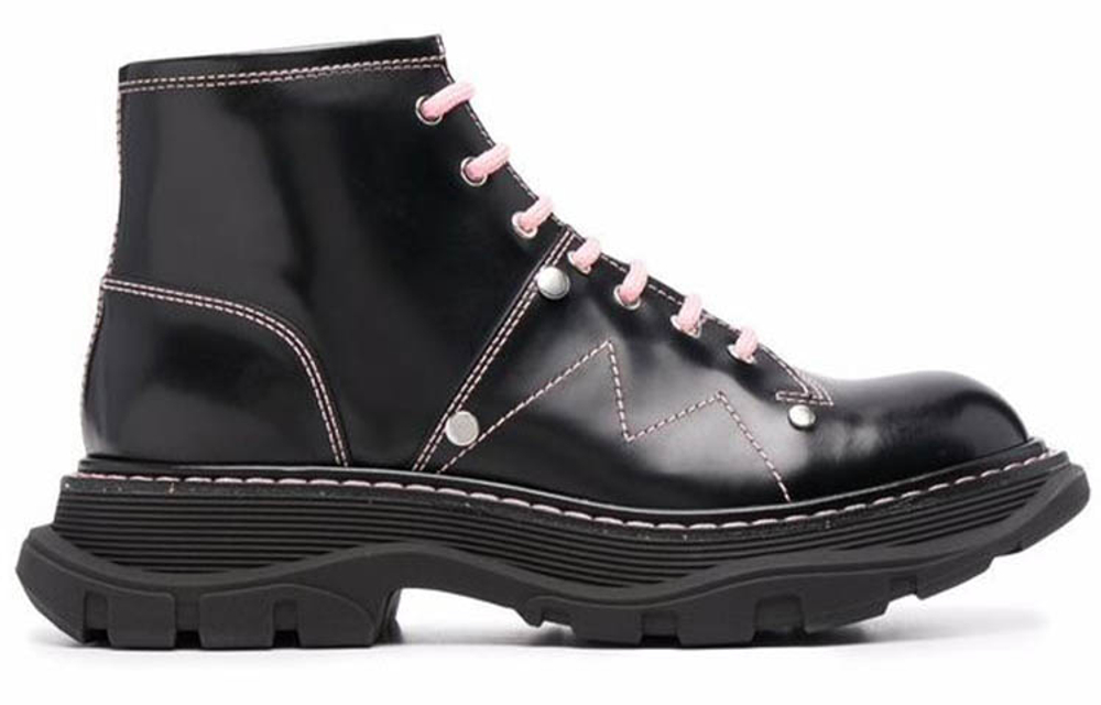 Alexander McQueen Contrast Stitch Tread Lace Up Boots "Black Pink" Women"s