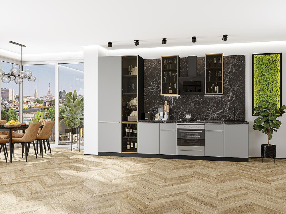 Прямая модульная кухня Фьюжн-08 Silky Light Grey - Graphite 2340*3400*600
