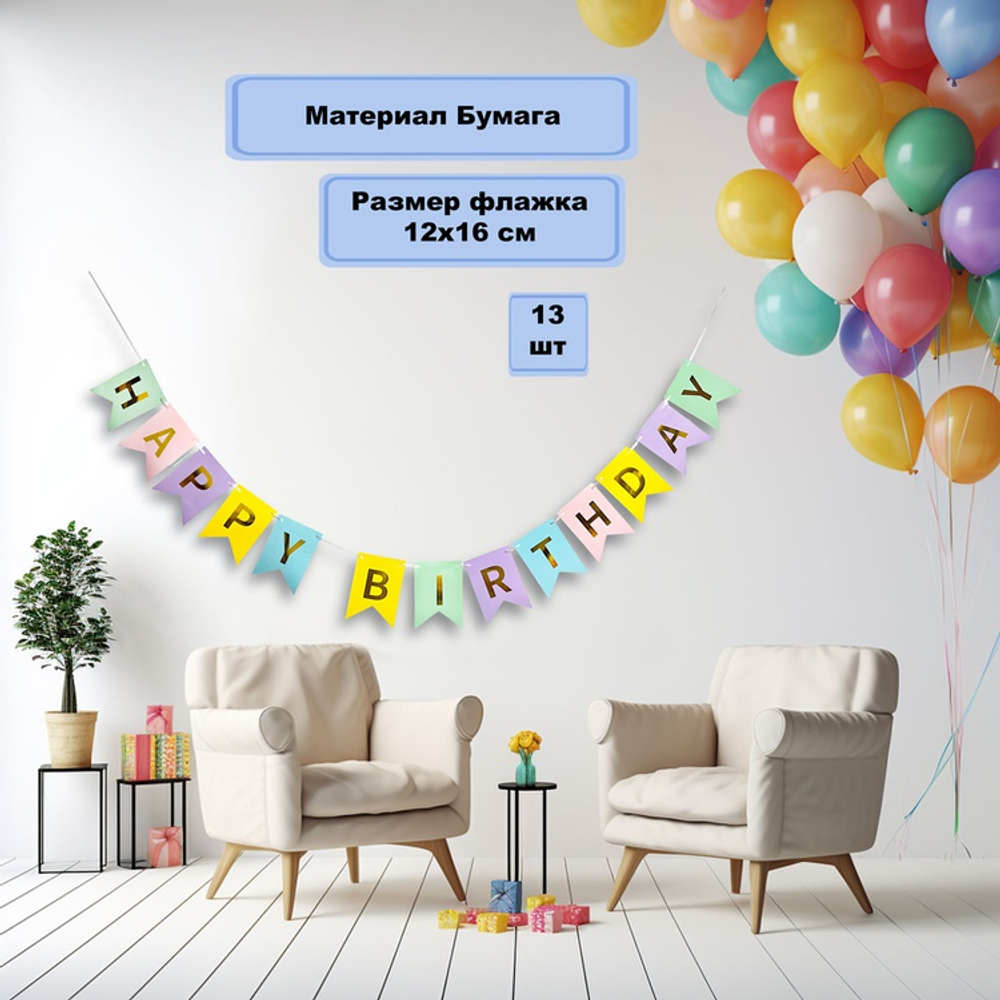 Гирлянда-флажки «Happy Birthday» светлый микс, 500 см