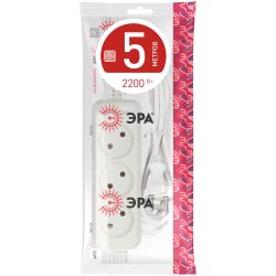 Удлинитель электрический ЭРА U-3-5m-2x1 без заземления 3 розетки 5м ПВС 2x1мм2 10А | Бытовые удлинители