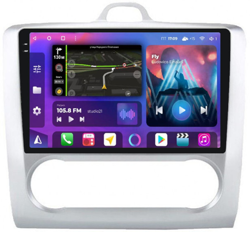 Магнитола для Ford Focus 2 2004-2011 (климат, рамка серебро) - FarCar BM003M-2K монитор 9.5" 2K QLED на Android 14, TS10, 4+32Гб, CarPlay, 4G SIM-слот