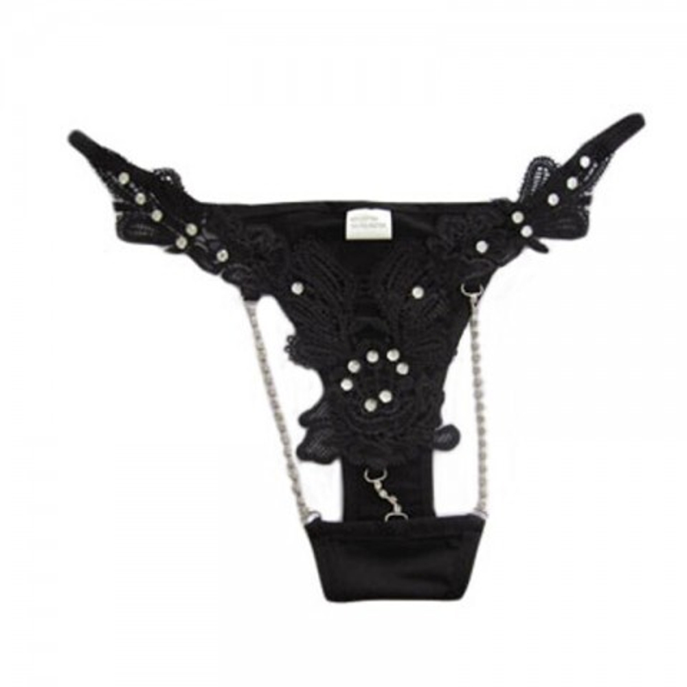 Стринги с ажурными деталями и стразами (черные)