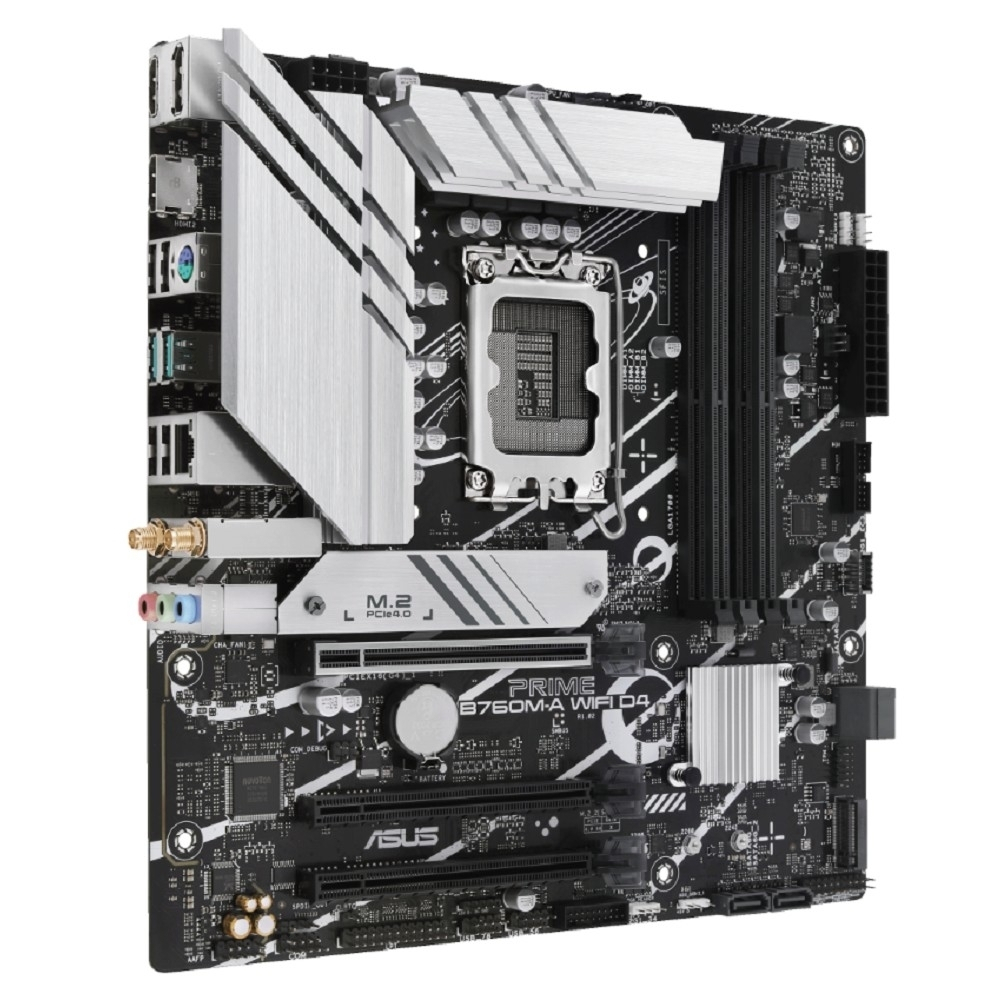 Материнская плата ASUS PRIME B760M-A WIFI D4 (Socket 1700, mATX, 4xDDR4(128GB), DP/2xHDMI 2.1, 3xPCIe 4.0x16, 1xLAN (2.5GbE), Wi-Fi, BT, 4xSATA 6Gb/s, 2xM.2, 2xUSB 3.2, 4xUSB 2.0, 1xPS/2)