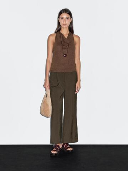 Massimo Dutti Укороченные брюки с широкими штанинами и защипами, шоколадный