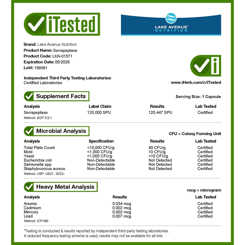 Lake Avenue Nutrition, Серрапептаза, протеолитический фермент, 120 000 SPU, 30 растительных капсул