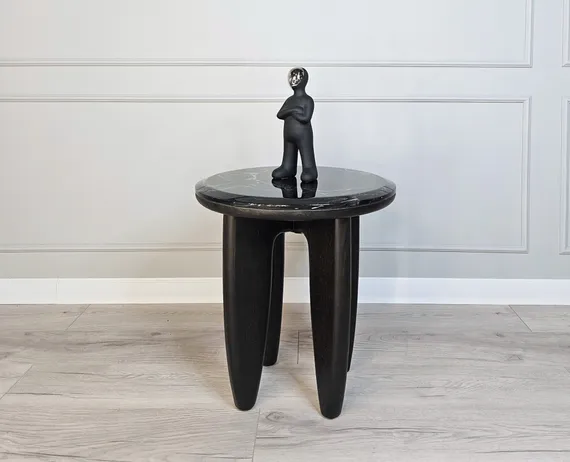 Журнальный столик SC-12, Ø50х48 см, черный мрамор, дерево