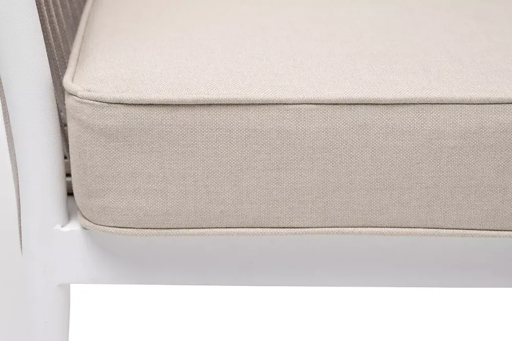 "Касабланка" диван 2-местный плетеный из роупа, каркас алюминий белый муар, роуп бежевый 20мм, ткань бежевая 035