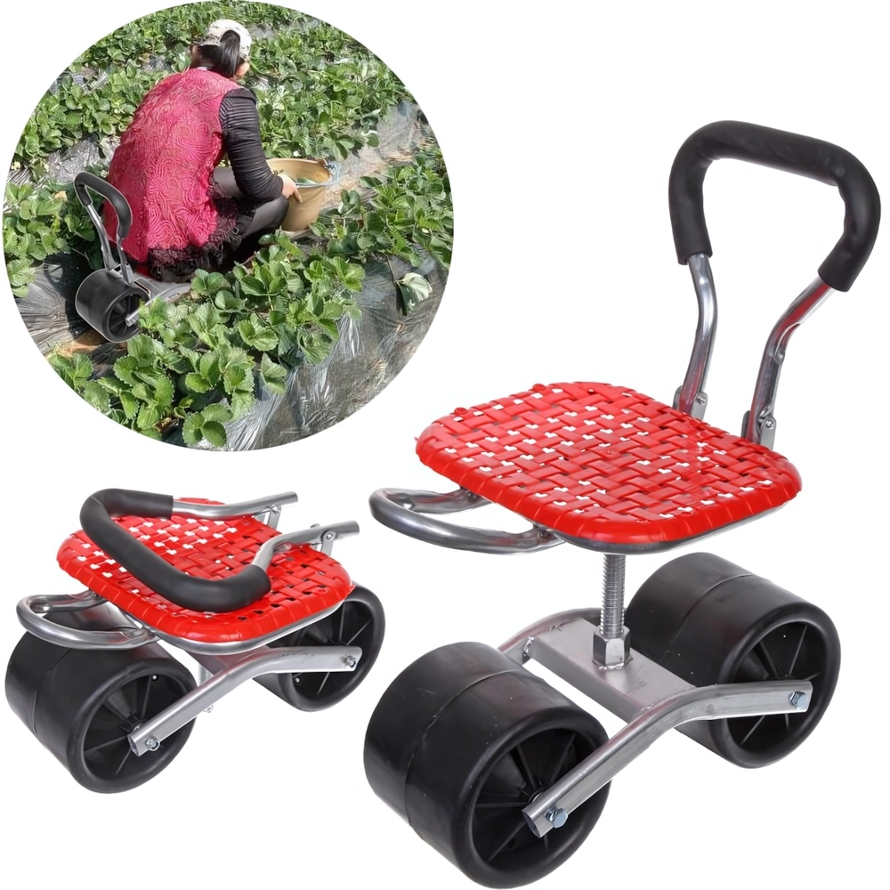 Стул садовый на колесах для прополки и работы в саду 35*47*14см с поворотным механизмом(360°) складная спинка, цвет красный