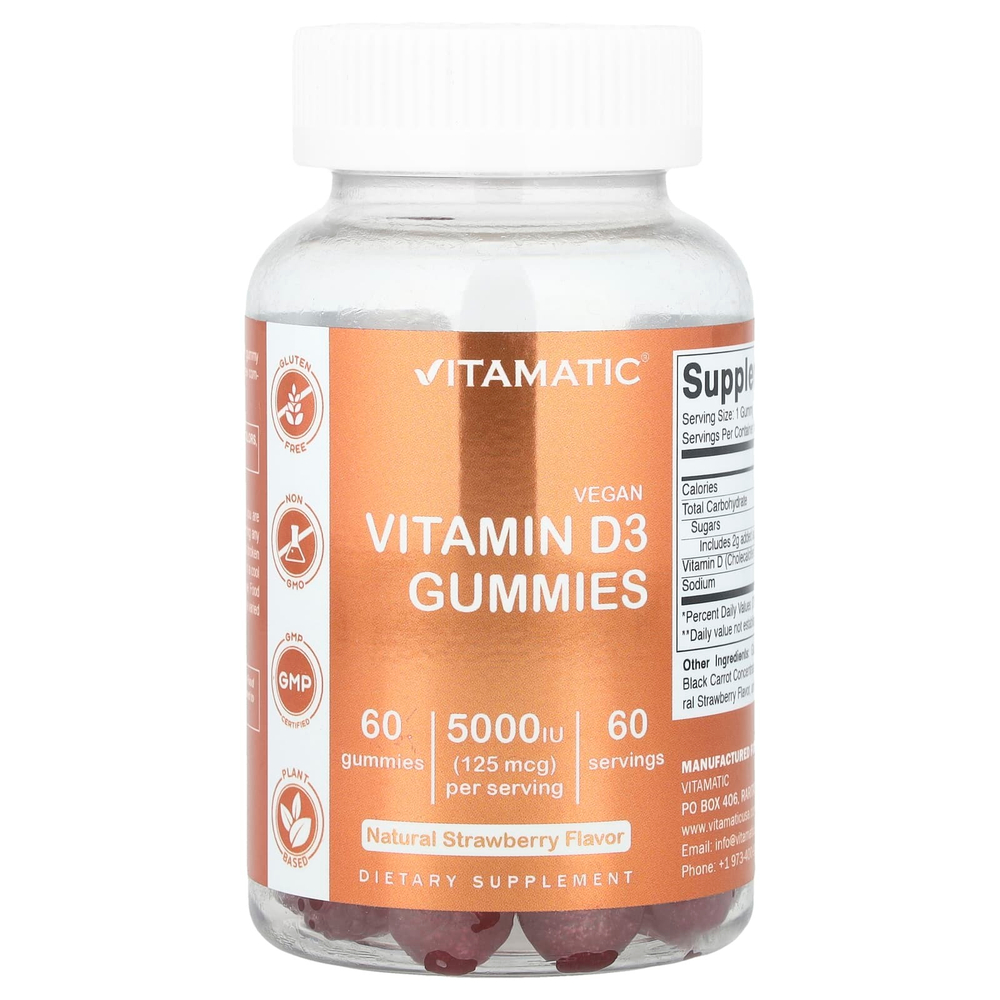 Vitamatic, Веганские жевательные мармеладки с витамином D3, клубника, 125 мкг (5000 МЕ), 60 жевательных таблеток