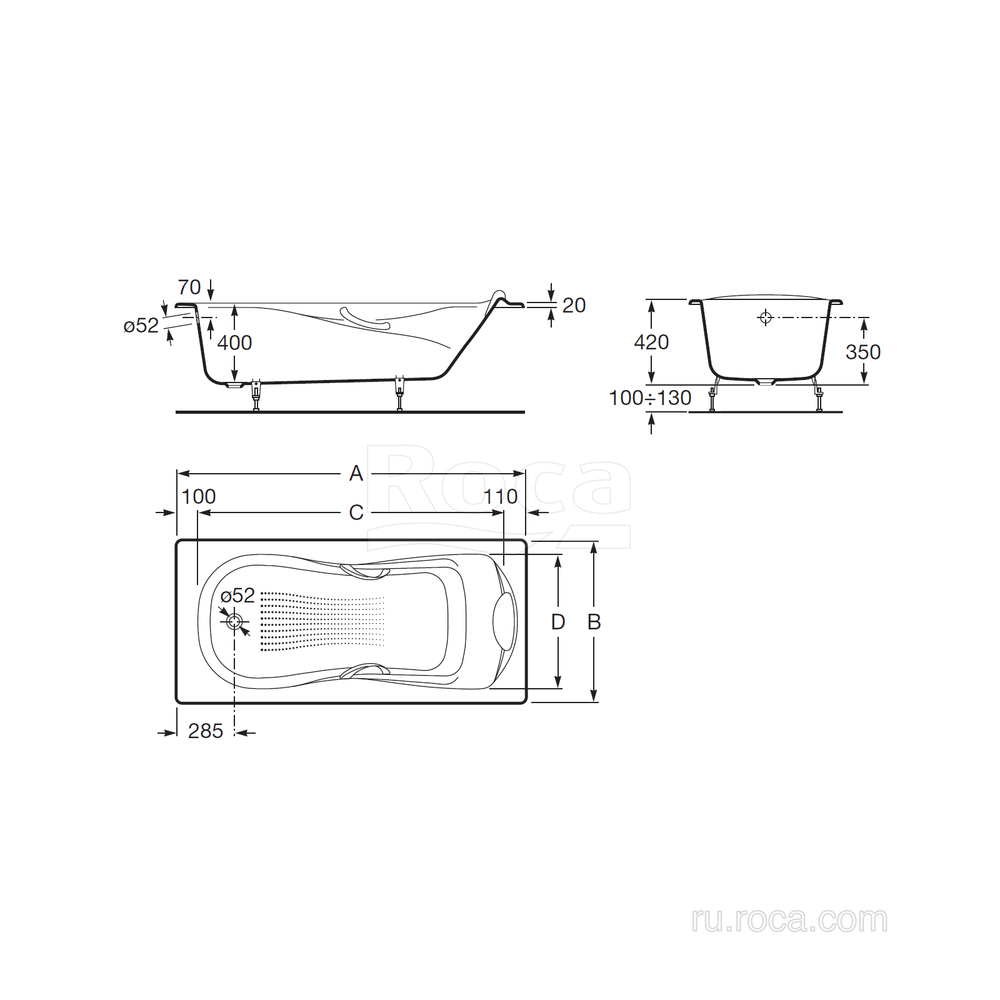 Ванна Roca Haiti 150x80 с отверстиями для ручек 2332G000R