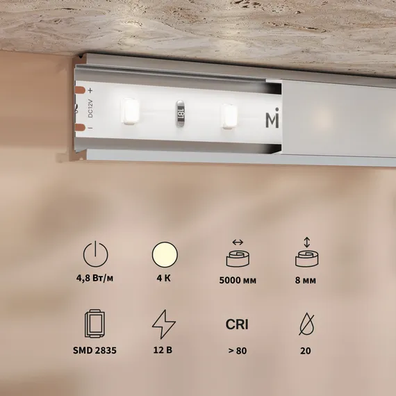 Светодиодная лента Базовая 12В 2835 4,8Вт/м 4000K 5м IP 20 201163 Led Strip 201163