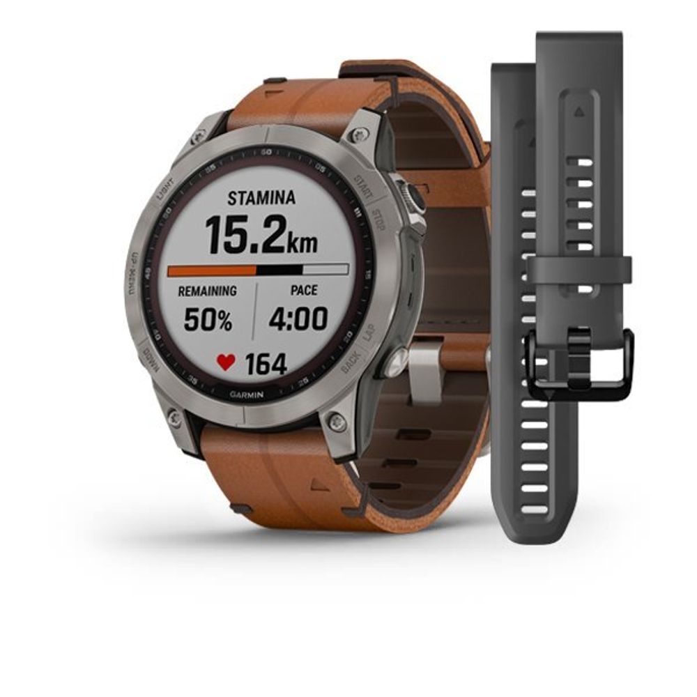 Умные часы Garmin Fenix 7 Sapphire Solar титановый серый с коричневым кожаным ремешком