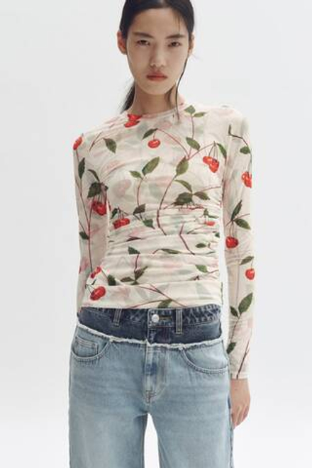 H&M - Stella McCartney Сетчатый топ с вишневым узором, кремовый