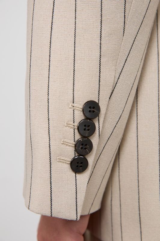 Жакет однобортный изо льна в полоску, серо-бежевый