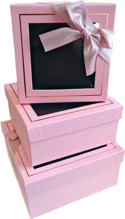Набор подарочных коробок 3в1 с окошком и бантом, розовый/красный 15*15*6.5, 17*17*8, 19*19*9.5см