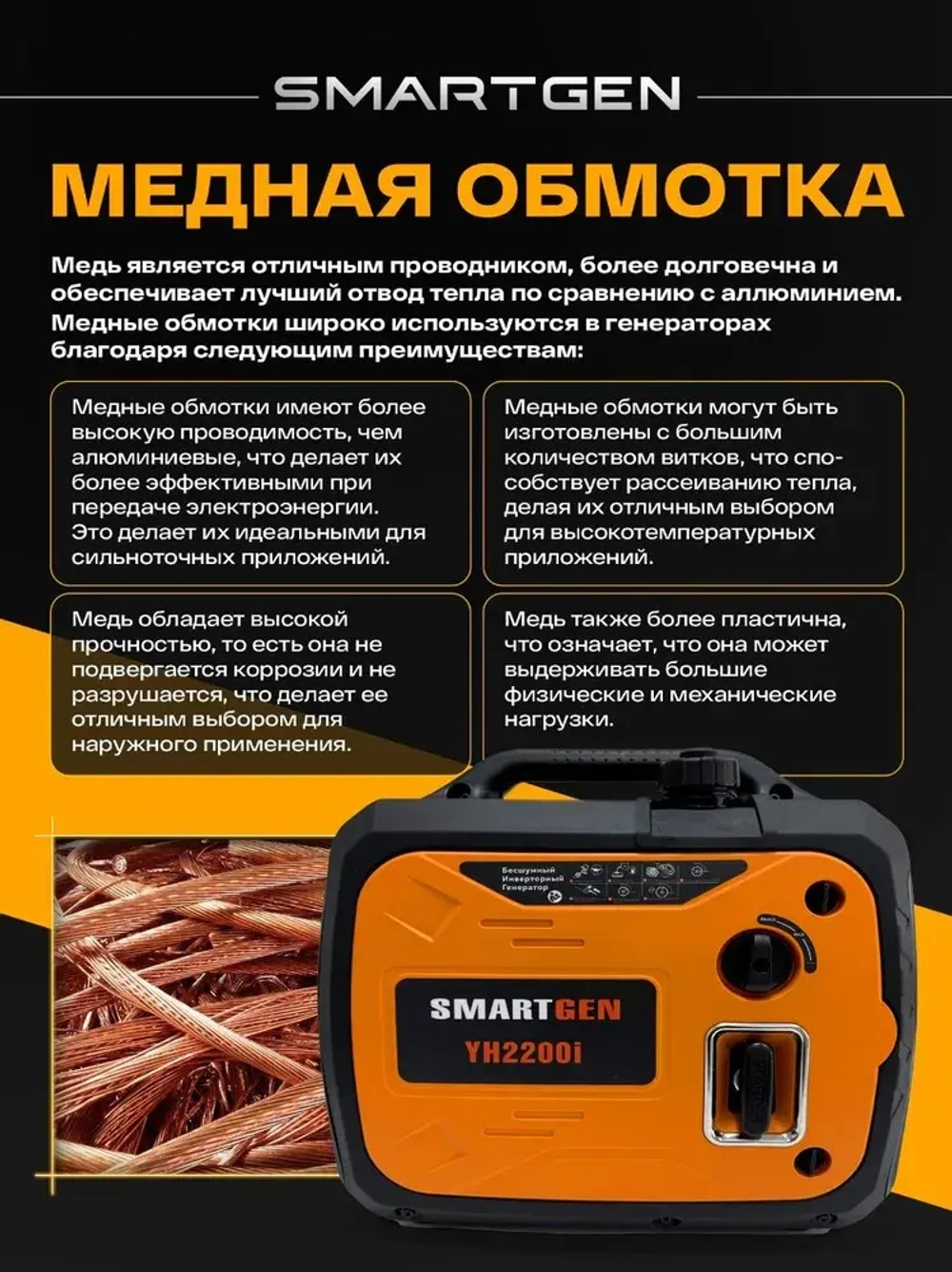 Генератор инверторный бензиновый SMARTGEN 2кВт 4л МЕДНАЯ ОБМОТКА