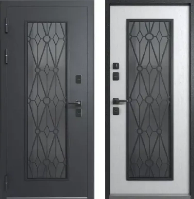 Входная дверь с металлической филенкой стеклопакетом и ковкой - 1151