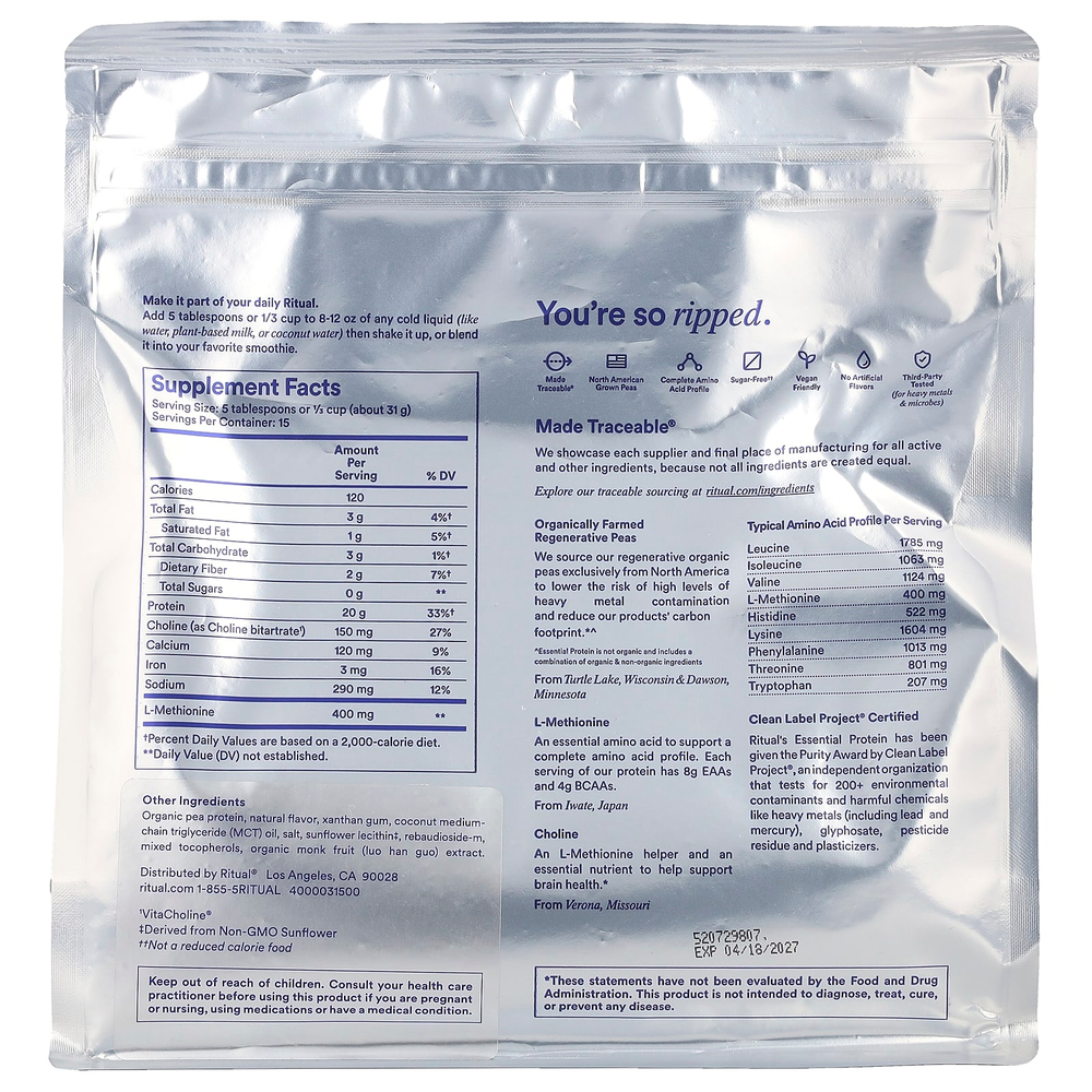 Ritual, Essential Protein, ежедневный коктейль, ваниль, 459 г (1 фунт)