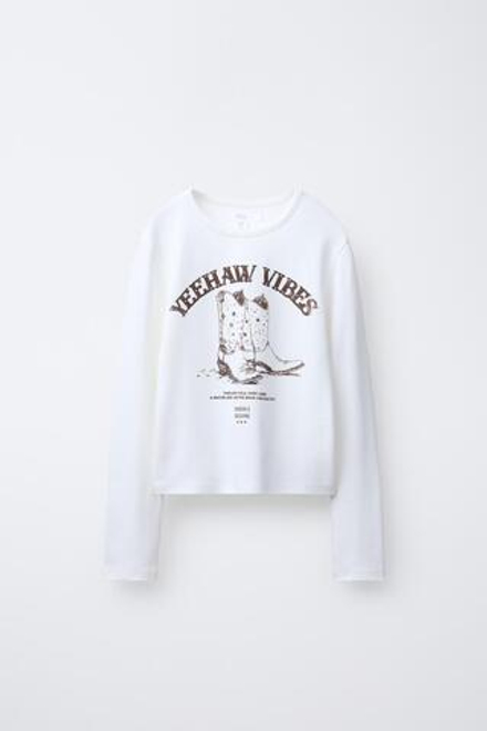 ZARA ФУТБОЛКА С НАДПИСЬЮ COWGIRL, БЕЛЫЙ