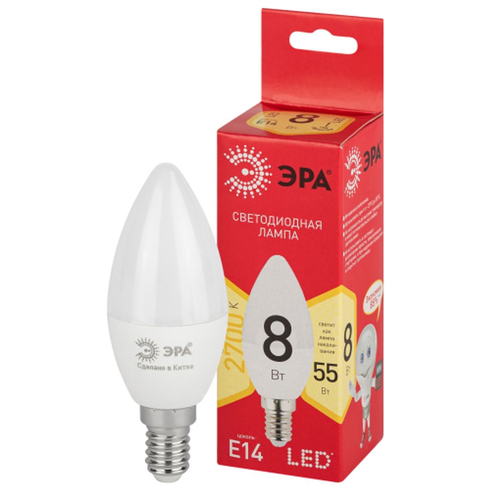 Лампа светодиодная ЭРА RED LINE LED B35-8W-827-E14 R 8Вт свеча теплый белый свет Е14 | Лампы cветодиодные Свеча (B/C)