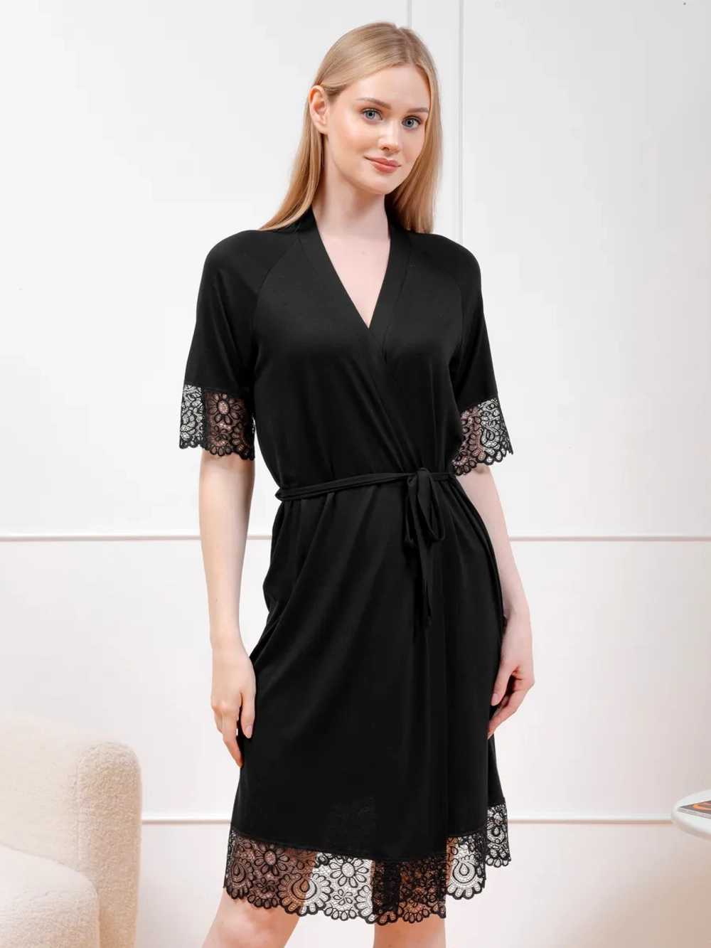 Халат домашний вискоза с кружевом на запах