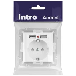 Розетка Intro Accent 6-410-01М с заземлением 2P+E Schuko со шторками 16А-250В + 2хUSB IP20 СУ белый матовый