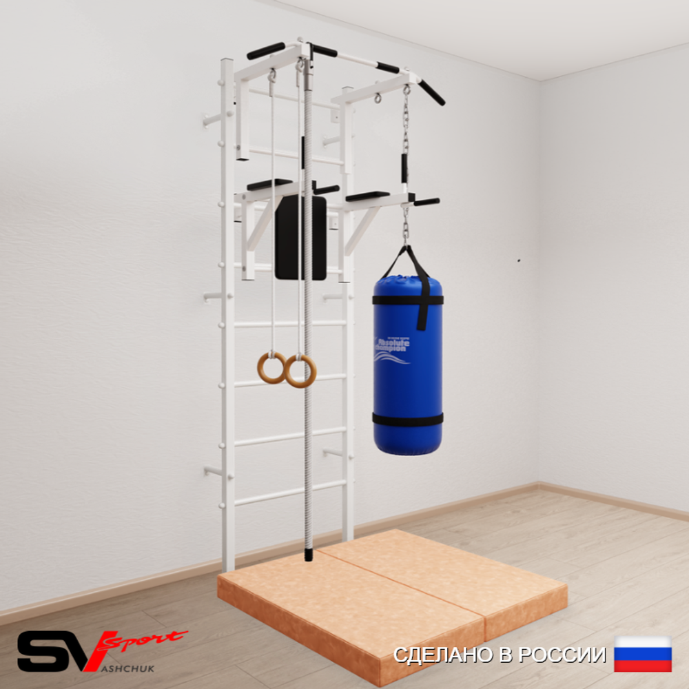 Шведская стенка Sv Sport усиленная 6746 (Турник стандарт/Брусья/Канат/Кольца/Цепь/Мешок 22кг/Мат 1м)