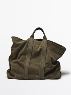 Massimo Dutti Сумка-шоппер из замши, хаки