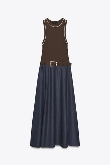 ZARA КОМБИНИРОВАННОЕ ПЛАТЬЕ-МИДИ С ПОЯСОМ, КОРИЧНЕВЫЙ