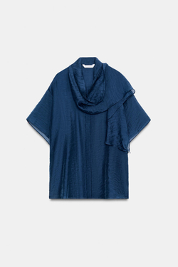 ZARA РУБАШКА С ШАРФОМ — ZW COLLECTION, СИНИЙ